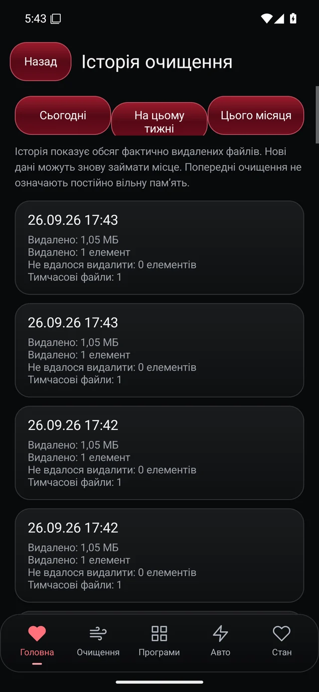 UZYTAK Cleaner · Історія очищення · Українська