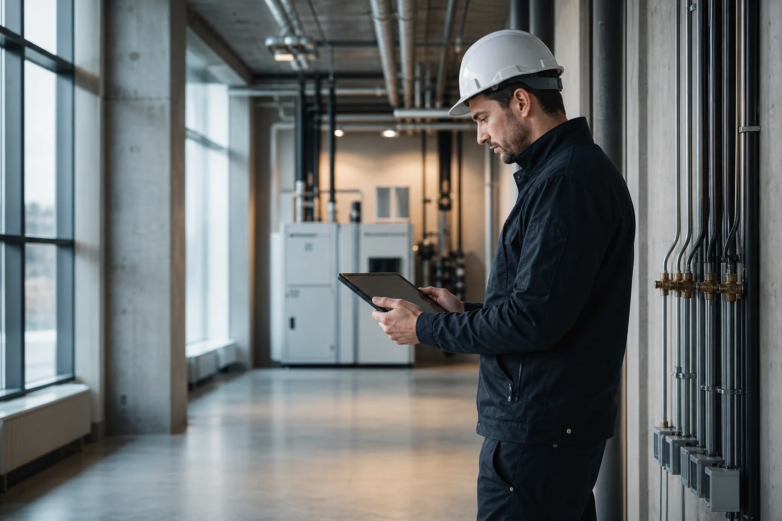 Illustrative professional inspector using a tablet in a building services environment
