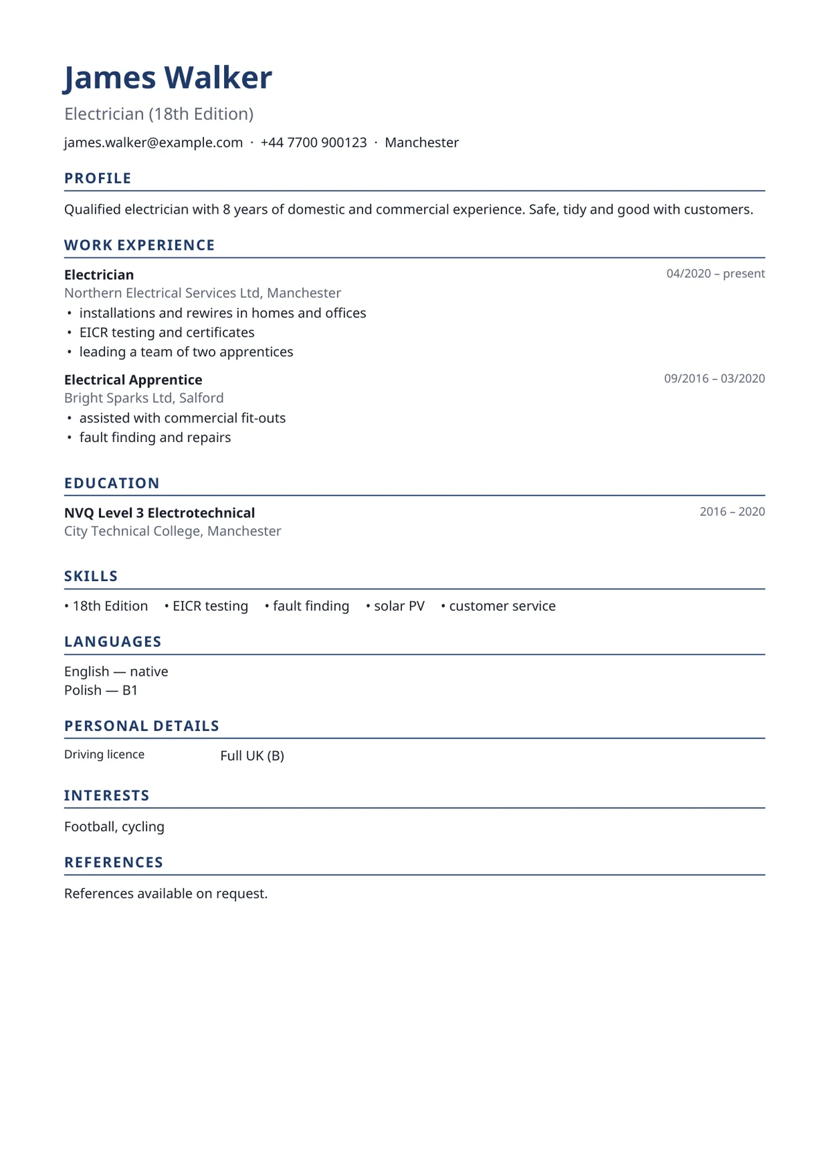 CV di esempio creato con l'app (persona inventata)