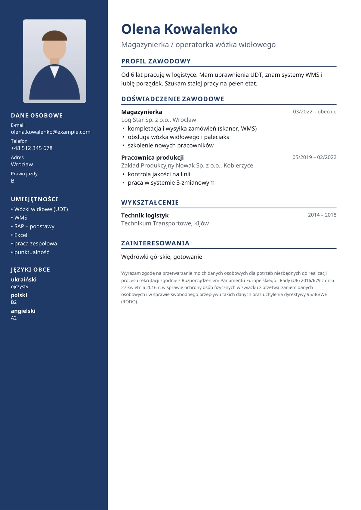 Przykładowe CV z aplikacji (osoba fikcyjna)