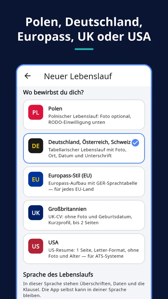 UZYTAK CV — Land und Sprache