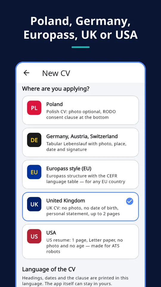 UZYTAK CV — Country and CV language