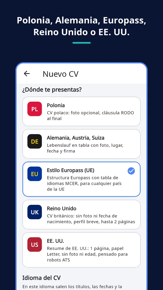 UZYTAK CV — País e idioma del CV