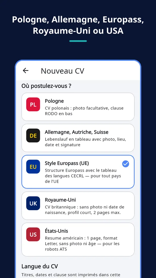 UZYTAK CV — Pays et langue du CV