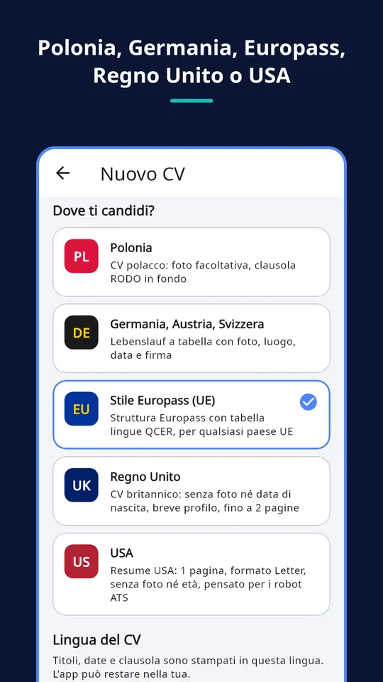 UZYTAK CV — Paese e lingua del CV