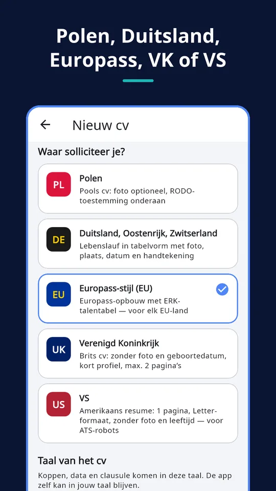 UZYTAK CV — Land en taal van het cv