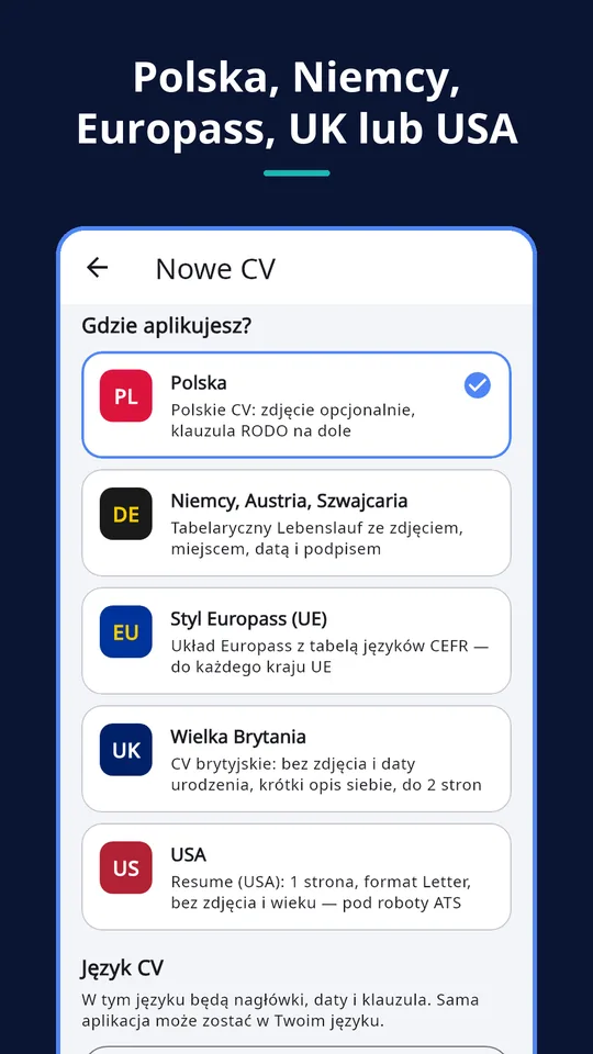 UZYTAK CV — Kraj i język CV