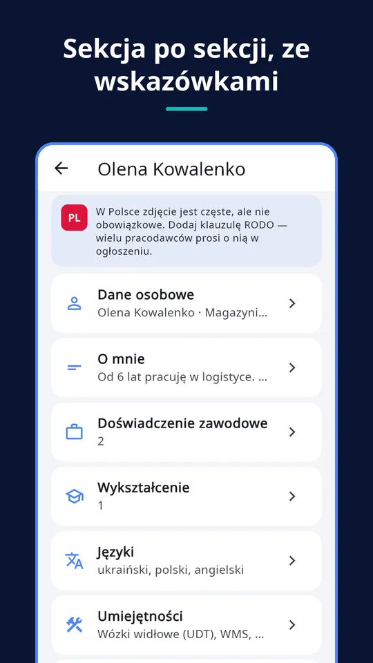 UZYTAK CV — Sekcje