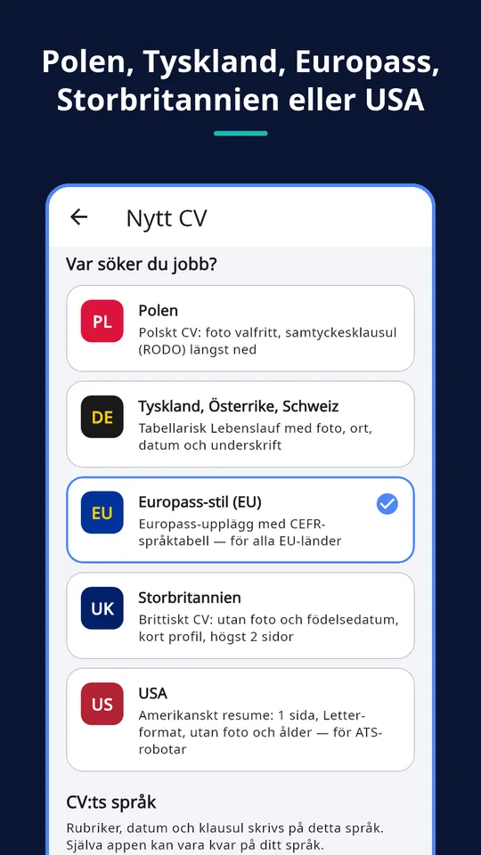 UZYTAK CV — Land och CV-språk