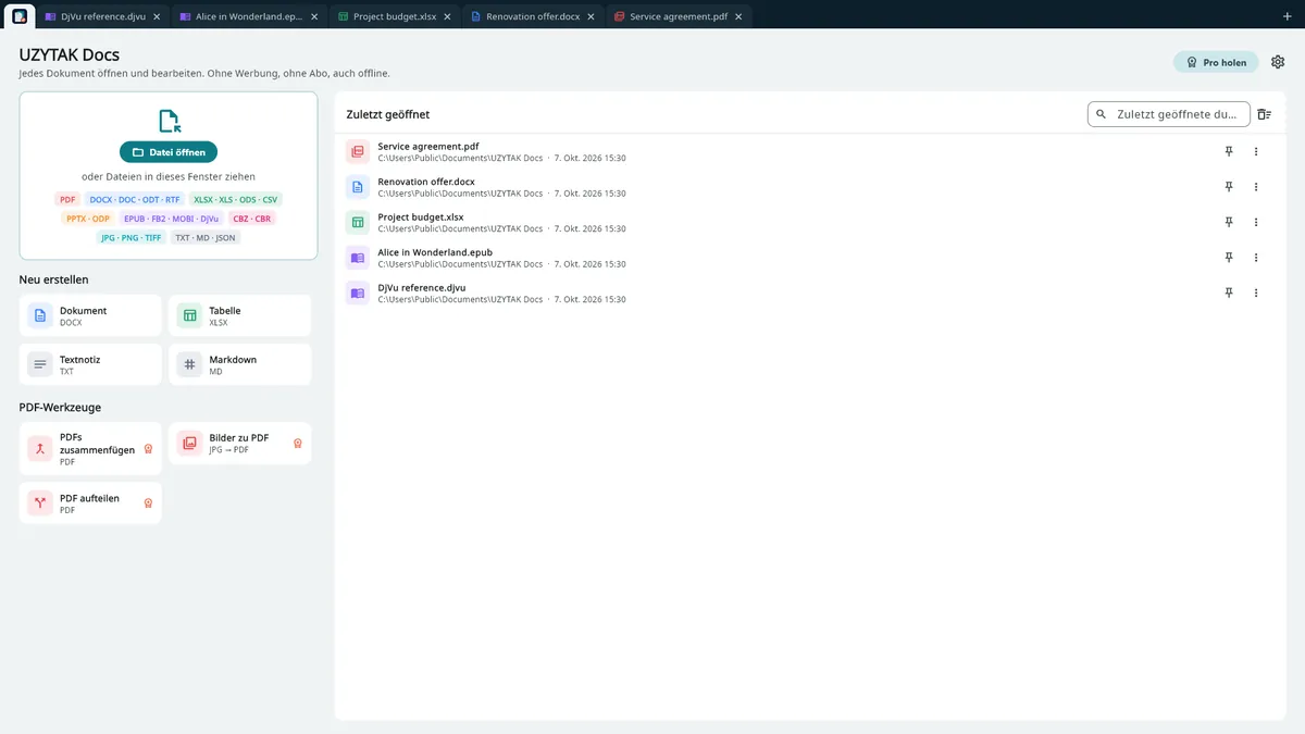UZYTAK Docs — Startseite: zuletzt geöffnete Dateien und PDF-Werkzeuge