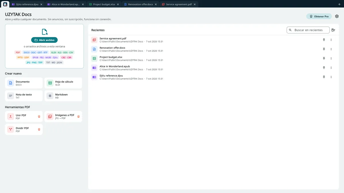 UZYTAK Docs — Pantalla de inicio: archivos recientes y herramientas PDF