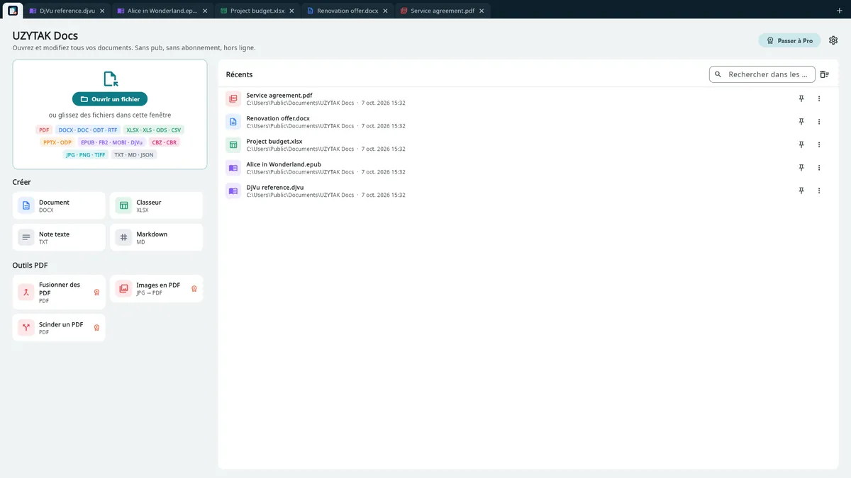 UZYTAK Docs — Écran d'accueil : fichiers récents et outils PDF