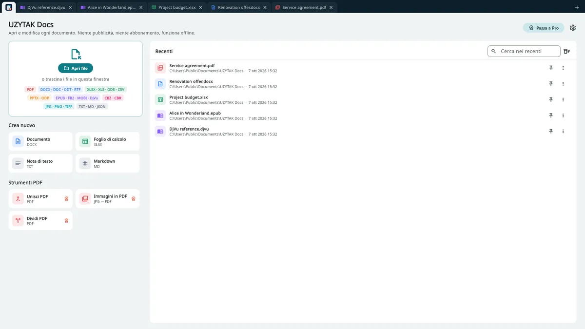 UZYTAK Docs — Schermata iniziale: file recenti e strumenti PDF
