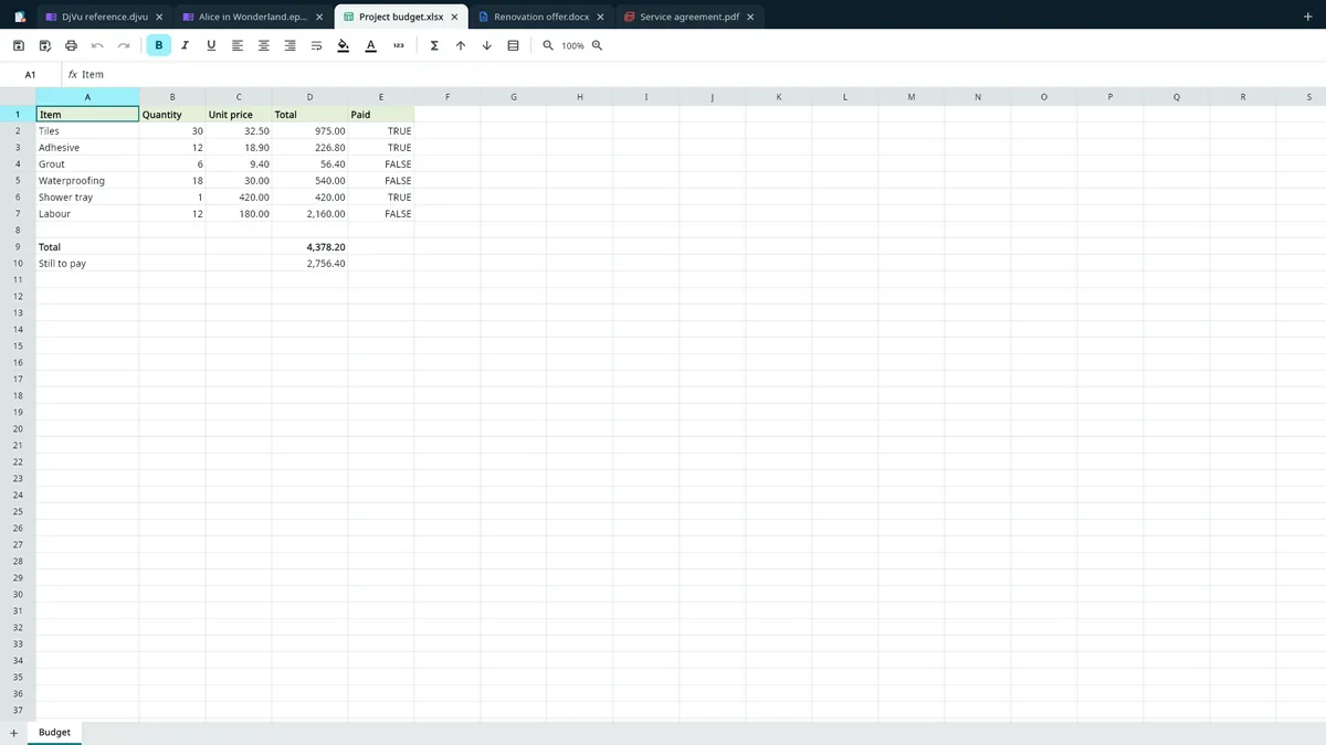 UZYTAK Docs — Foglio Excel con formule