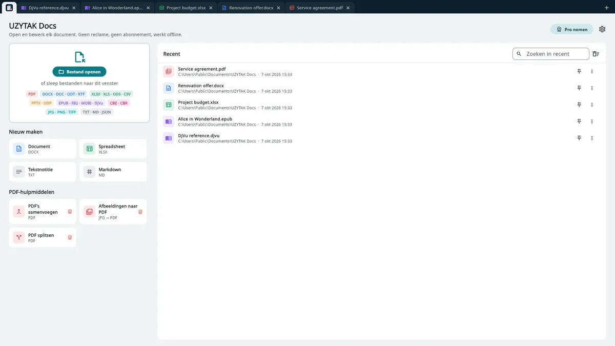 UZYTAK Docs — Startscherm: recente bestanden en PDF-hulpmiddelen