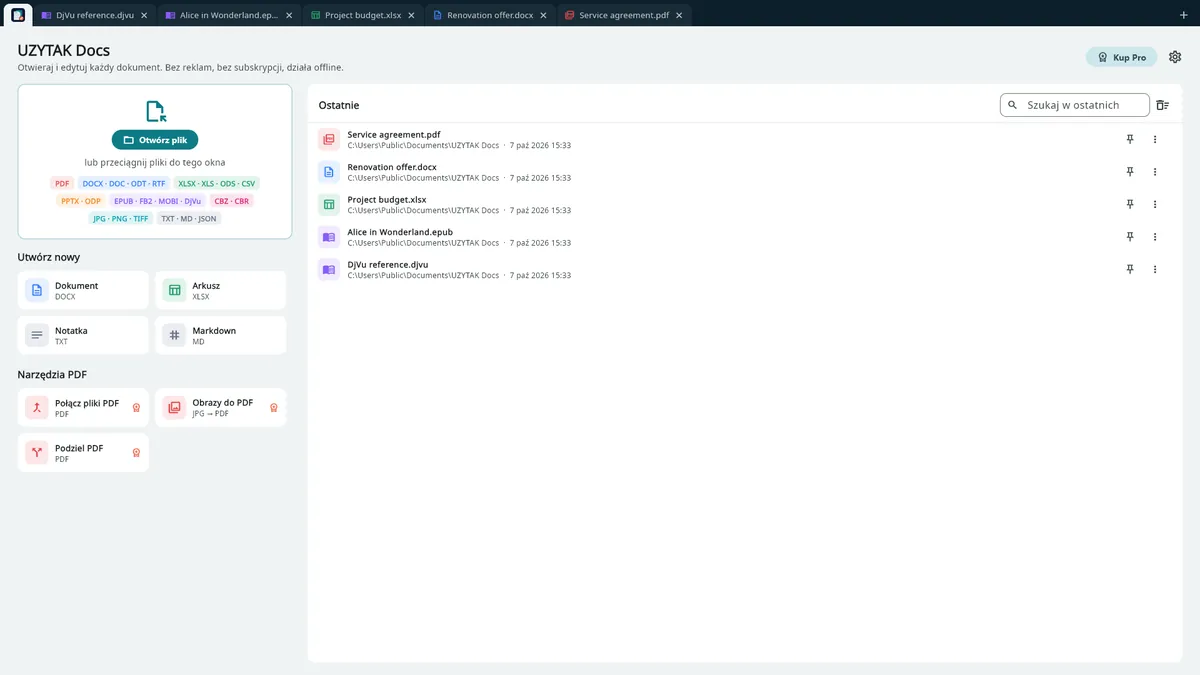 UZYTAK Docs — Ekran startowy: ostatnie pliki i narzędzia PDF