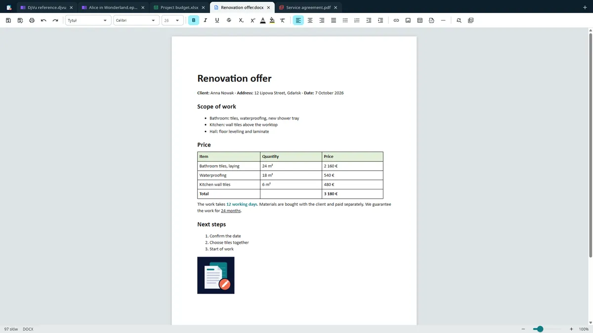 UZYTAK Docs — Dokument Word z tabelami i obrazami