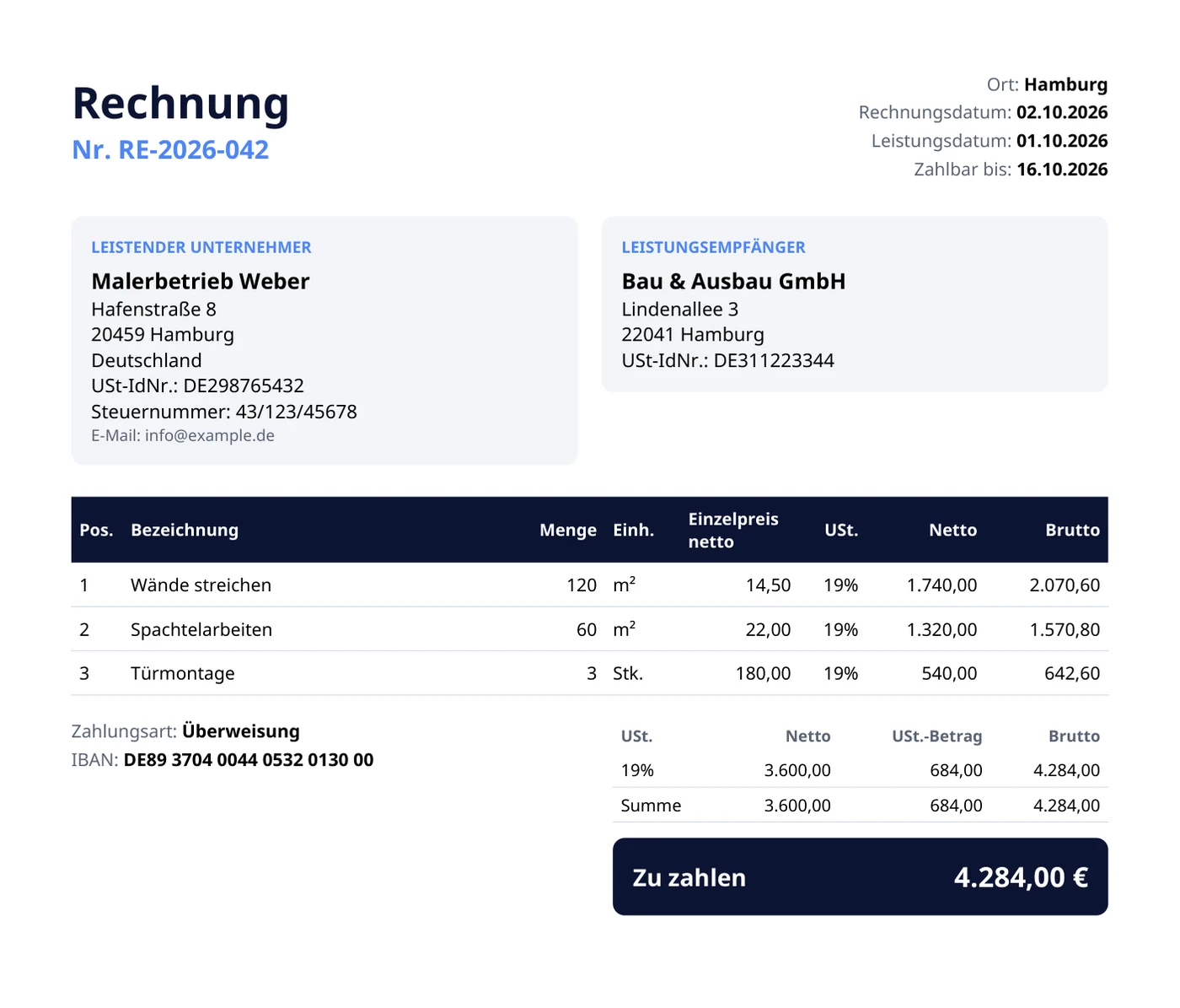 Beispielrechnung auf Deutsch, mit der App erstellt (erfundene Daten).