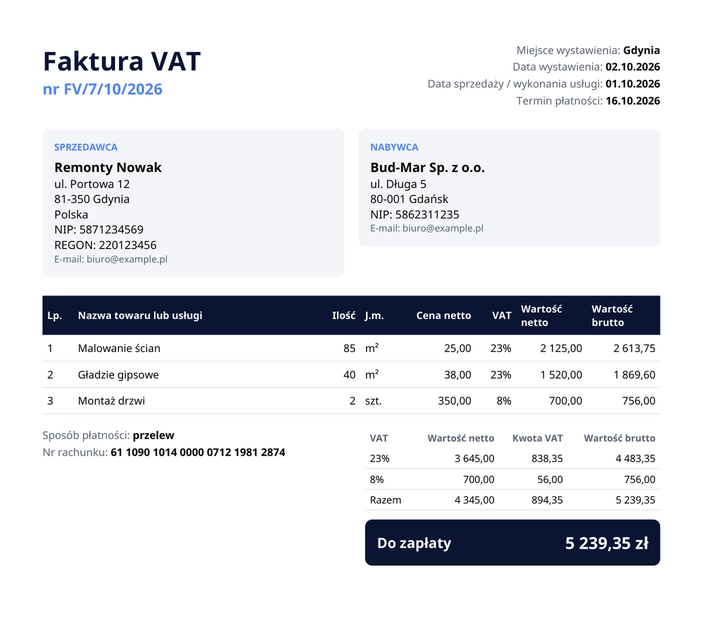 Sample invoice in Polish, made with the app (fictitious data).