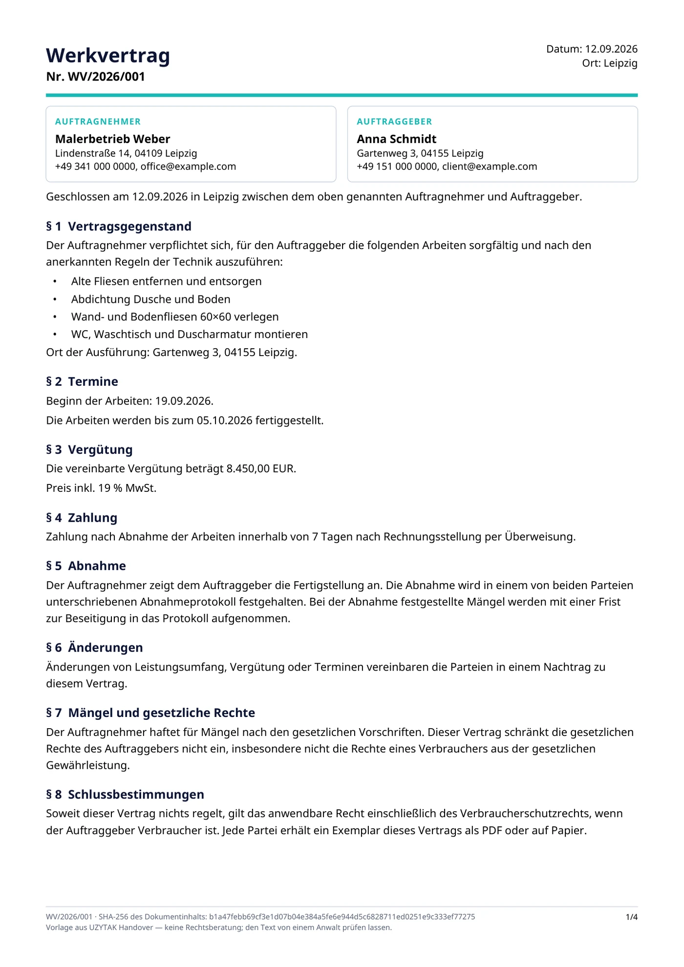 Beispielvertrag auf Deutsch (Werkvertrag), mit der App erstellt (fiktiver Betrieb und Kunde).