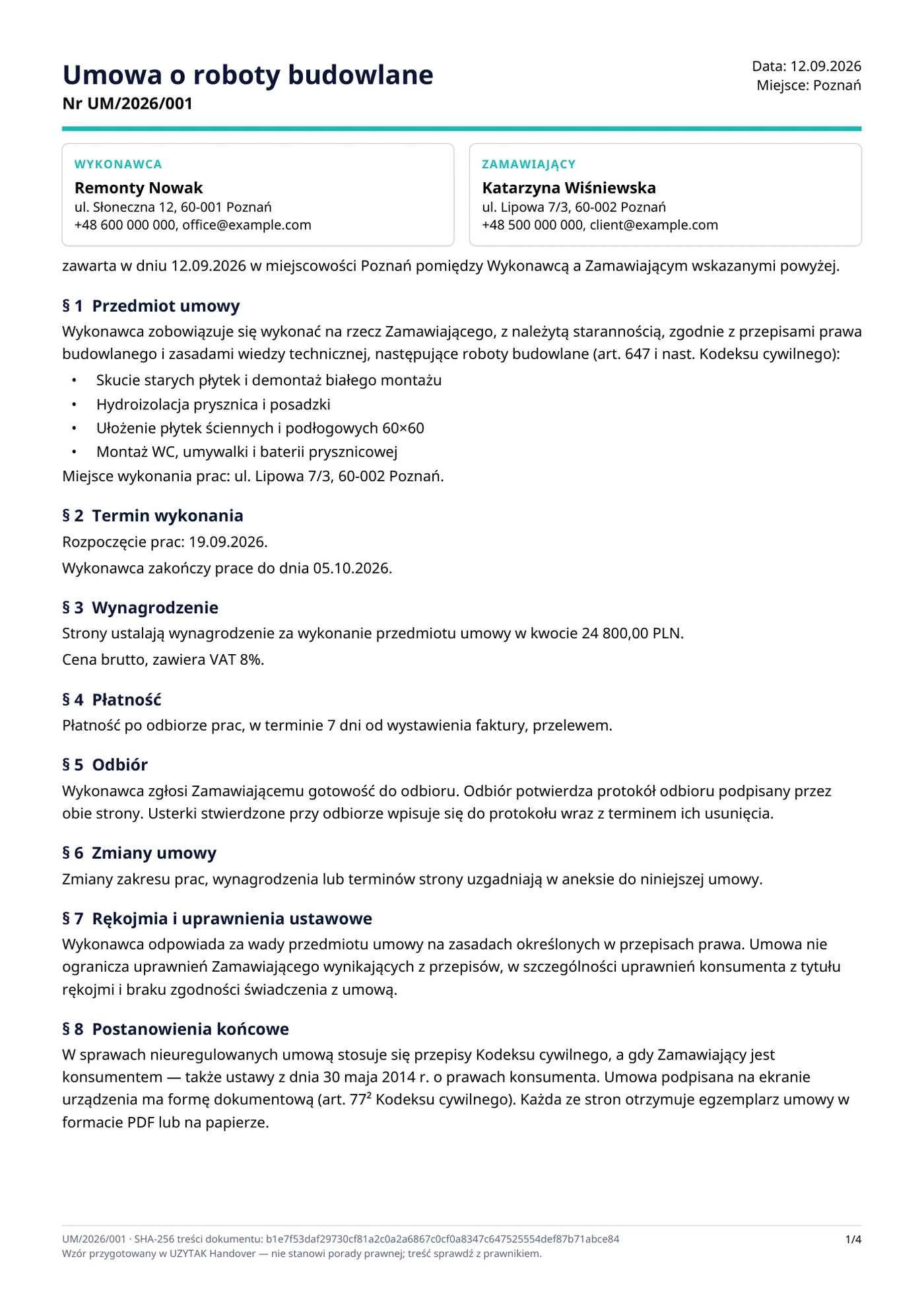Sample contract in Polish (umowa o roboty budowlane), made with the app (fictitious business and client).