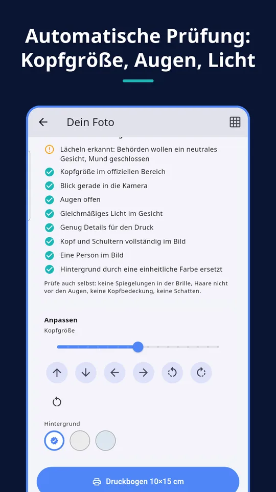 UZYTAK ID Photo — Automatische Prüfung: Kopfgröße, Augen, Licht