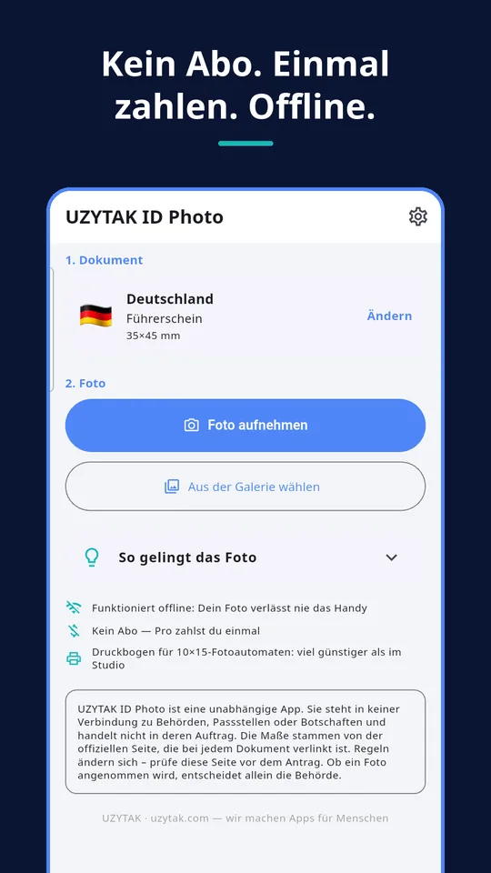 UZYTAK ID Photo — Kein Abo. Einmal zahlen. Offline.