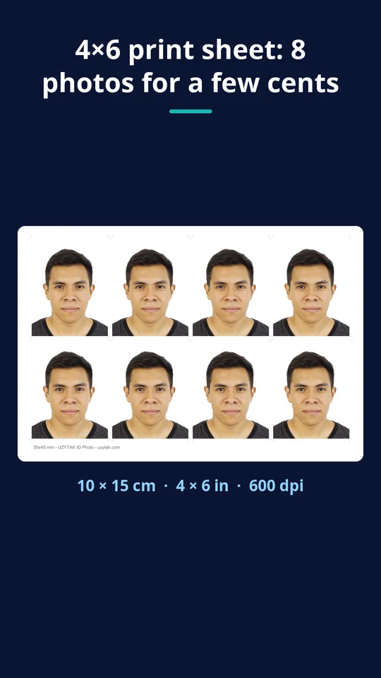 UZYTAK ID Photo — 4×6 print sheet: 8 photos for a few cents