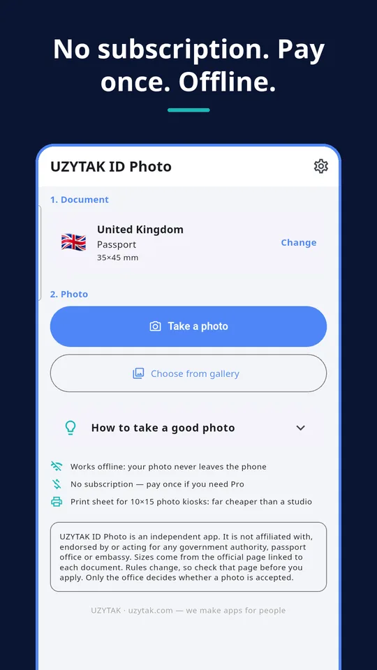 UZYTAK ID Photo — No subscription. Pay once. Offline.