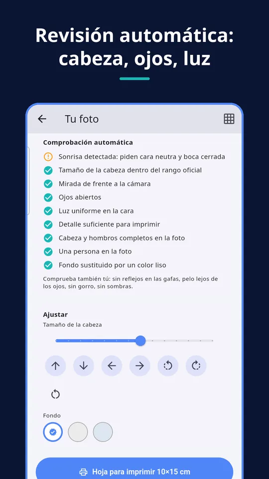 UZYTAK ID Photo — Revisión automática: cabeza, ojos, luz