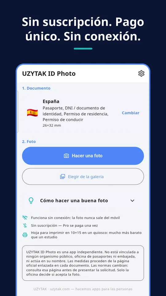 UZYTAK ID Photo — Sin suscripción. Pago único. Sin conexión.
