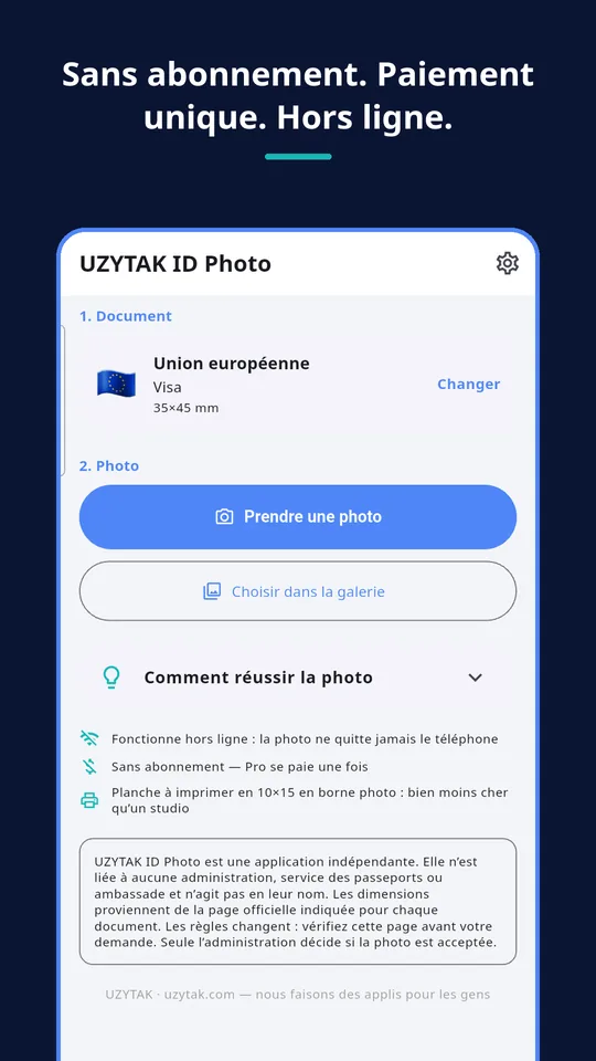UZYTAK ID Photo — Sans abonnement. Paiement unique. Hors ligne.