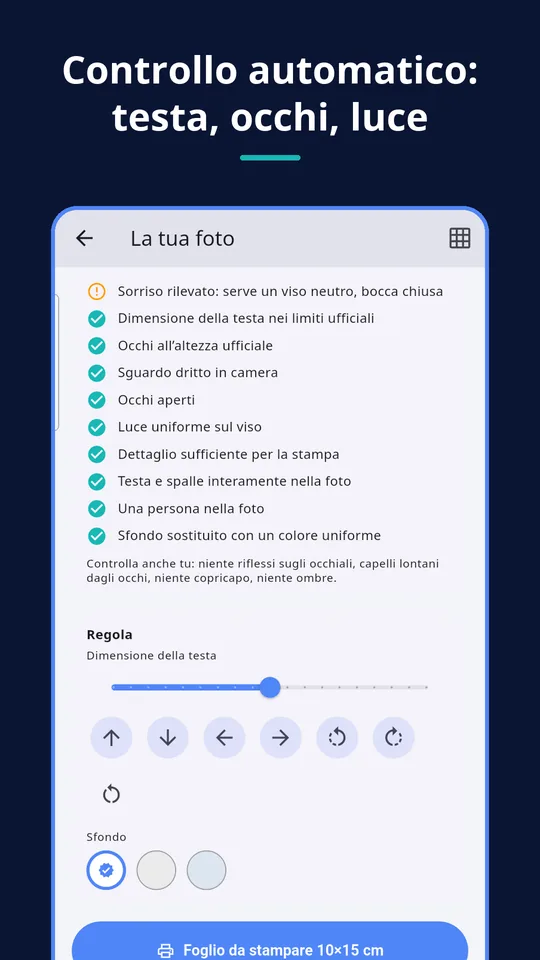 UZYTAK ID Photo — Controllo automatico: testa, occhi, luce