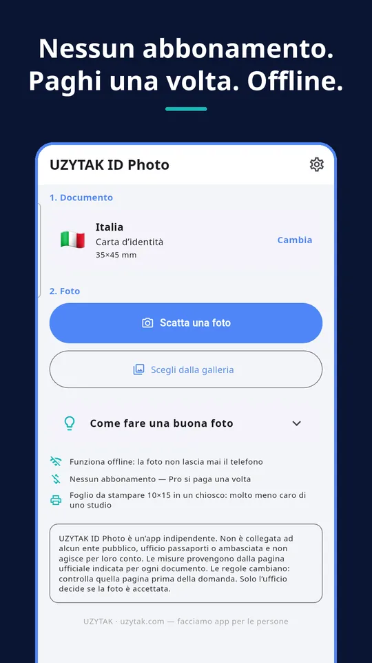 UZYTAK ID Photo — Nessun abbonamento. Paghi una volta. Offline.