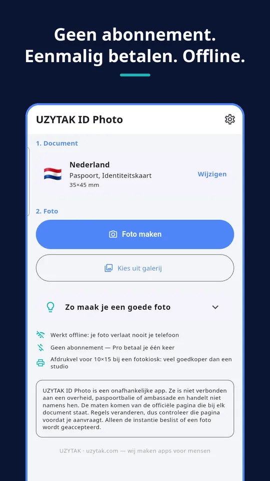 UZYTAK ID Photo — Geen abonnement. Eenmalig betalen. Offline.