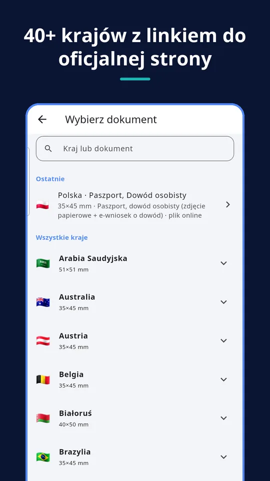 UZYTAK ID Photo — 40+ krajów z linkiem do oficjalnej strony