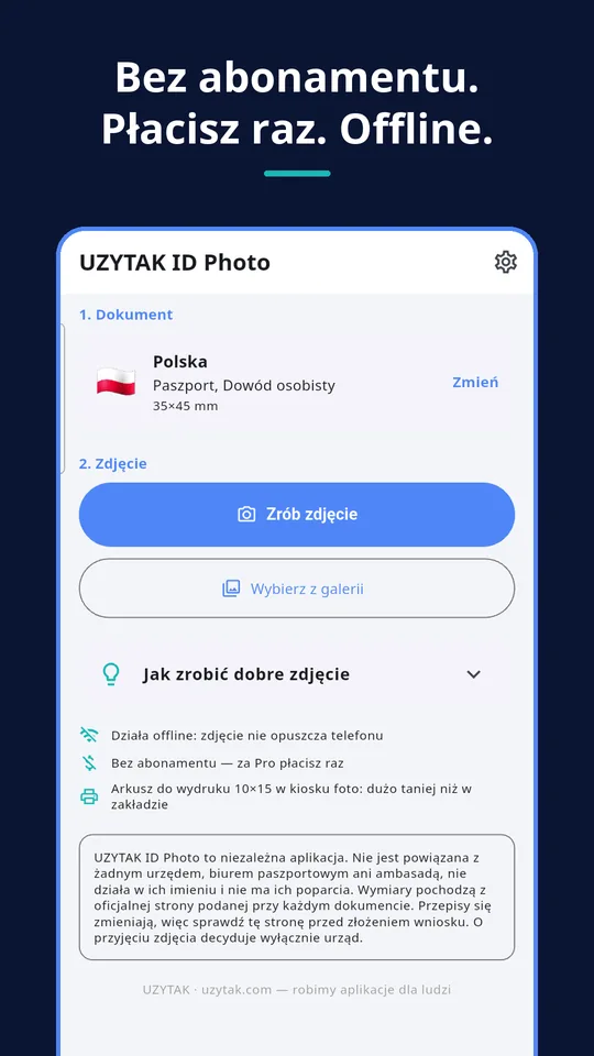UZYTAK ID Photo — Bez abonamentu. Płacisz raz. Offline.