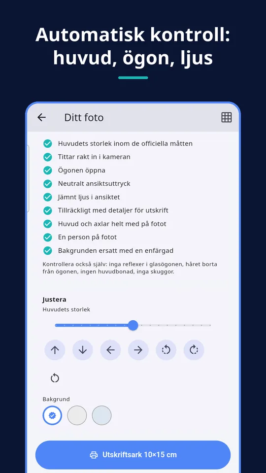 UZYTAK ID Photo — Automatisk kontroll: huvud, ögon, ljus