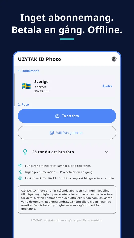 UZYTAK ID Photo — Inget abonnemang. Betala en gång. Offline.