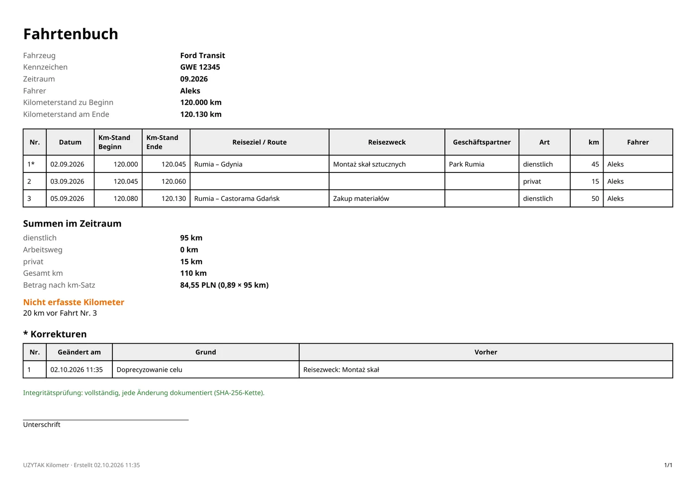 Beispiel-PDF im Fahrtenbuch-Layout.
