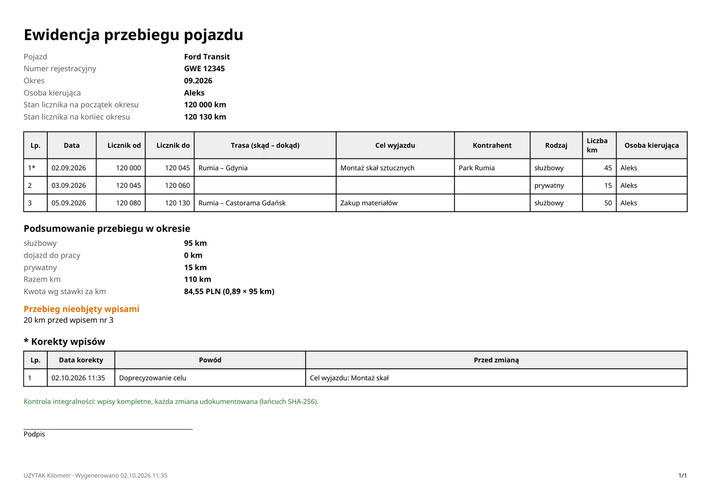 Sample PDF in the Polish layout (ewidencja przebiegu pojazdu).