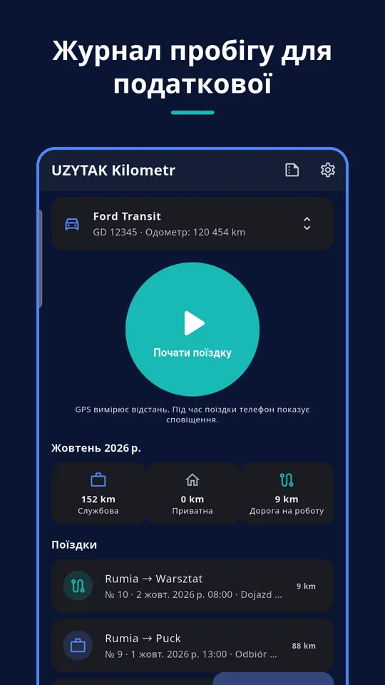 UZYTAK Kilometr — Головний екран