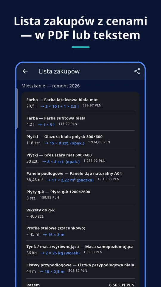UZYTAK Materials — Lista zakupów