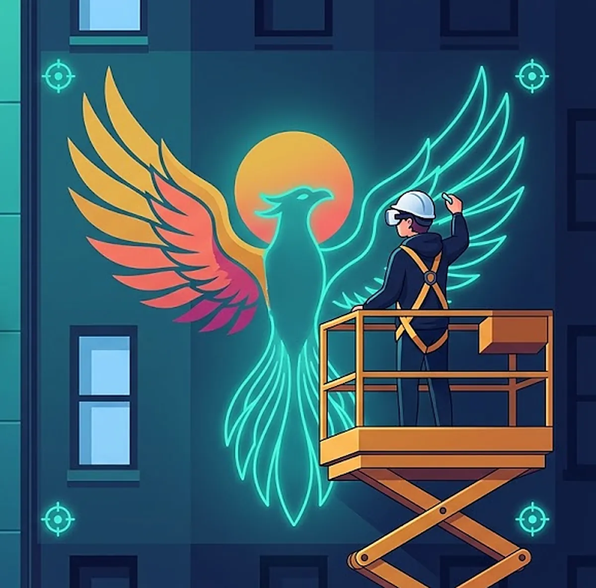 Un'artista su una piattaforma elevabile, con un Meta Quest in testa, ripassa lo schizzo di una fenice che UZYTAK Mural mostra sul muro