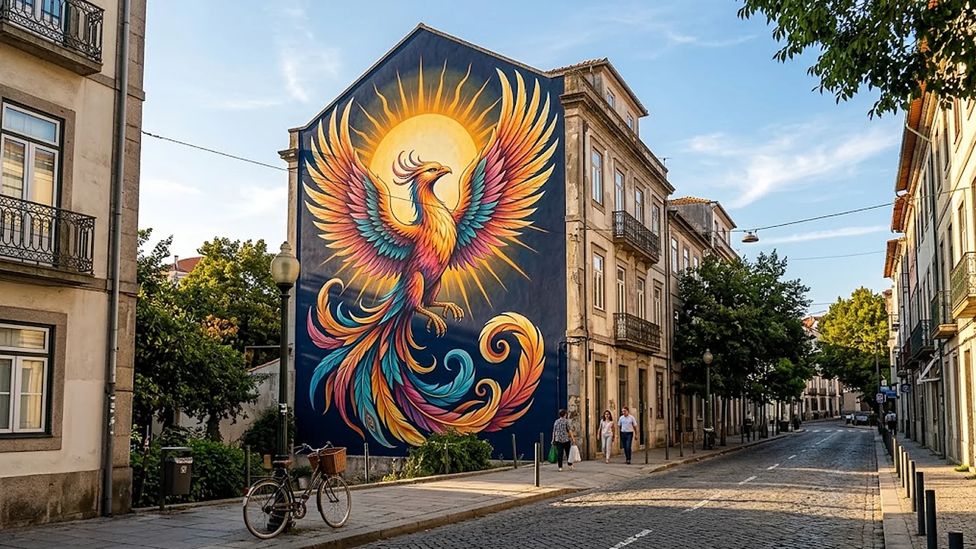 Um mural de fénix terminado na parede lateral de um edifício da cidade — assim pode ver o seu desenho com antecedência