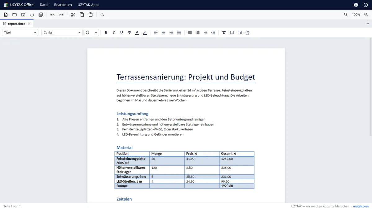 UZYTAK Office — Ein Textdokument mit Überschriften, Liste und Tabelle