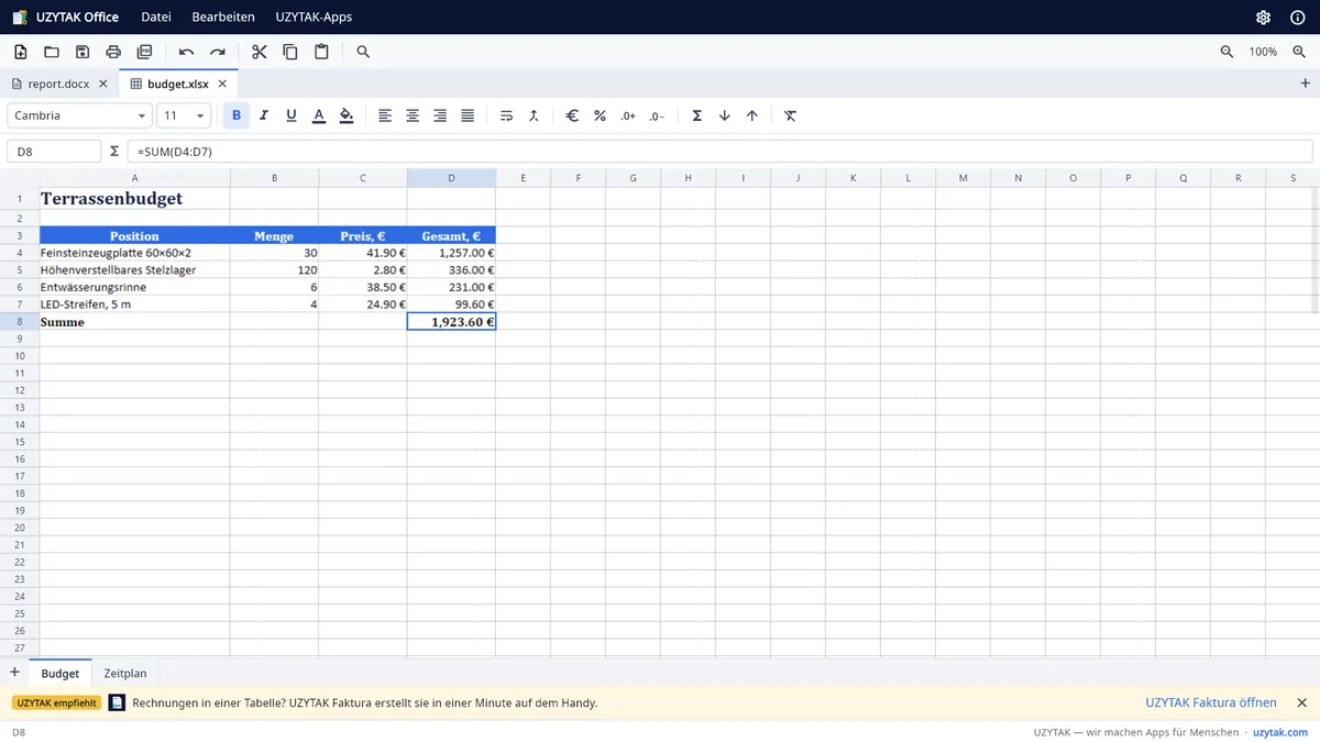UZYTAK Office — Eine Tabelle mit Formel, Währungsformat und zwei Blättern