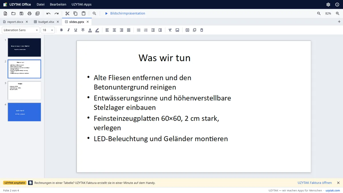 UZYTAK Office — Eine Präsentation mit Folienminiaturen