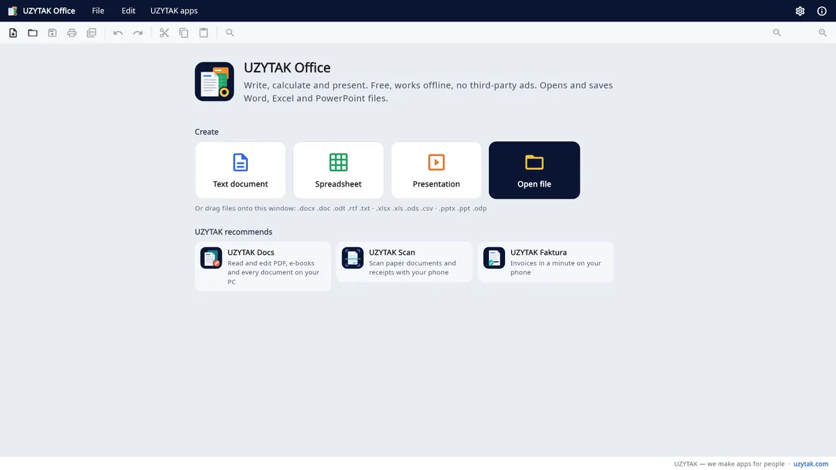 UZYTAK Office — Start screen: new document, spreadsheet or presentation