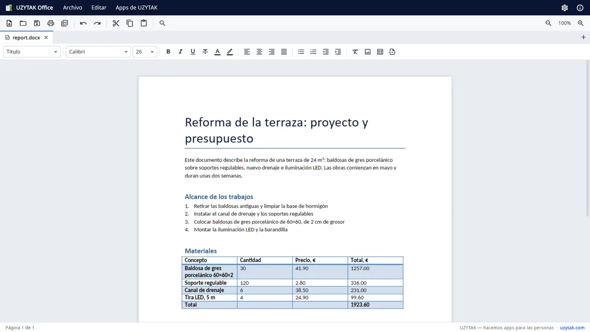 UZYTAK Office — Un documento de texto con títulos, una lista y una tabla